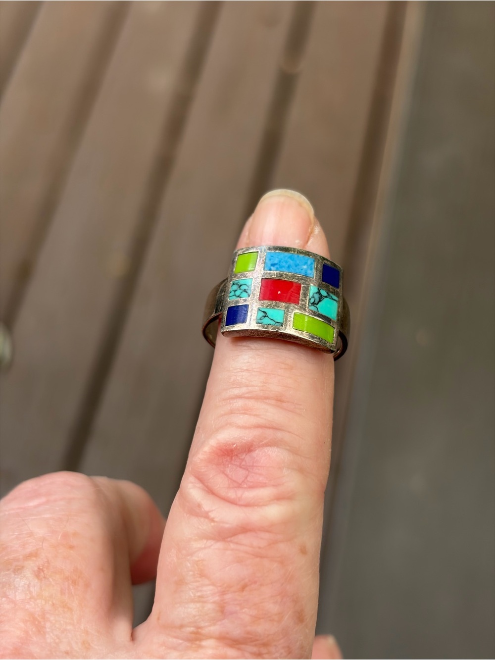 Sz 8. Genuine Native SW Turquoise Inlay Multi-stone Ring 925